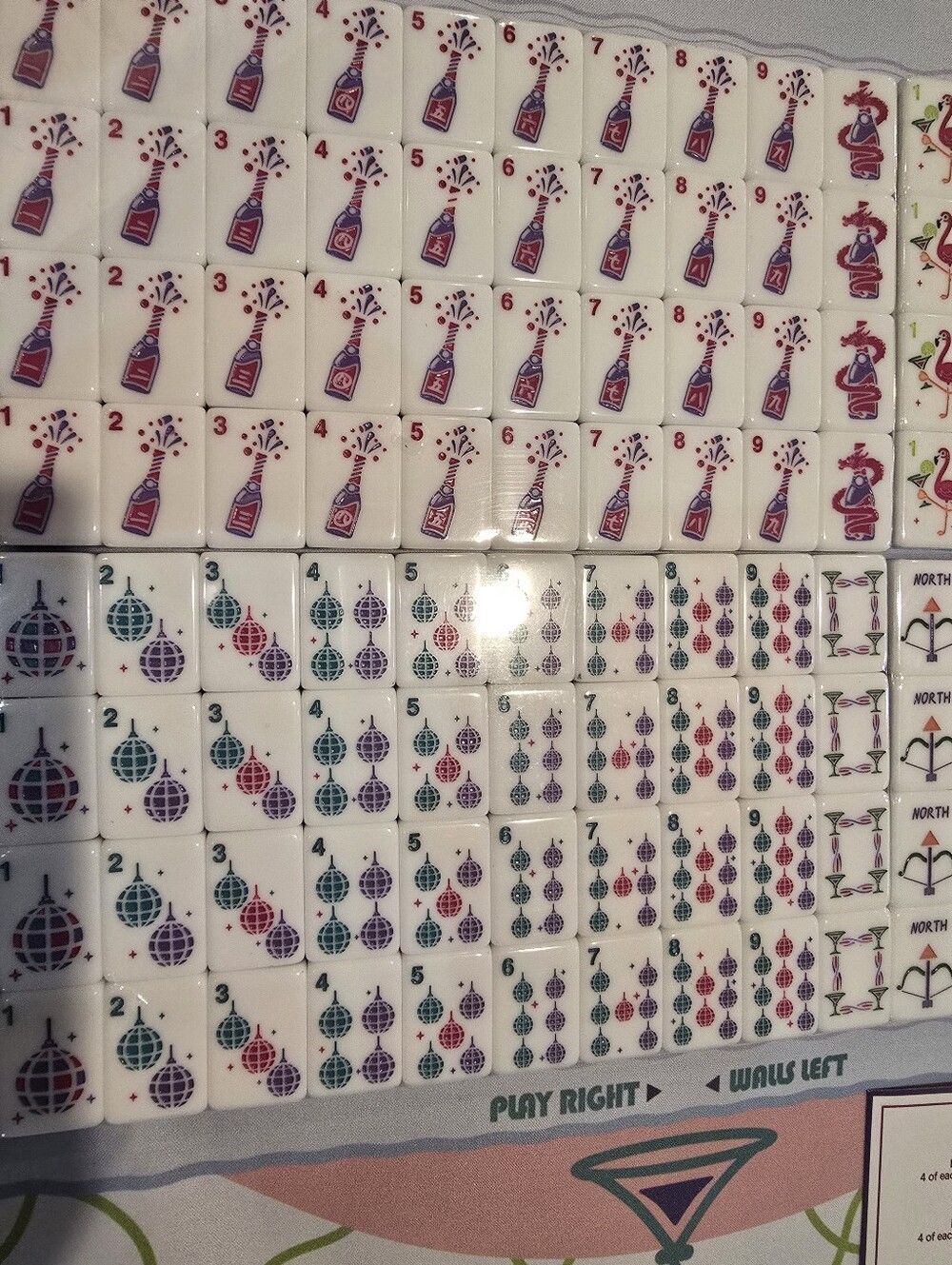 Champagne, Martini, Disco Ball Mahjong Tile Set - BLUE Back Includes Racks & Mat - Picture 2 of 10